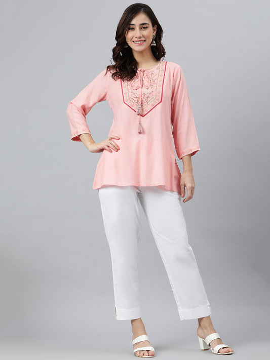 Janasya Women's Light Pink Rayon Slub Embroidered A-Line Top | Swadesiicart