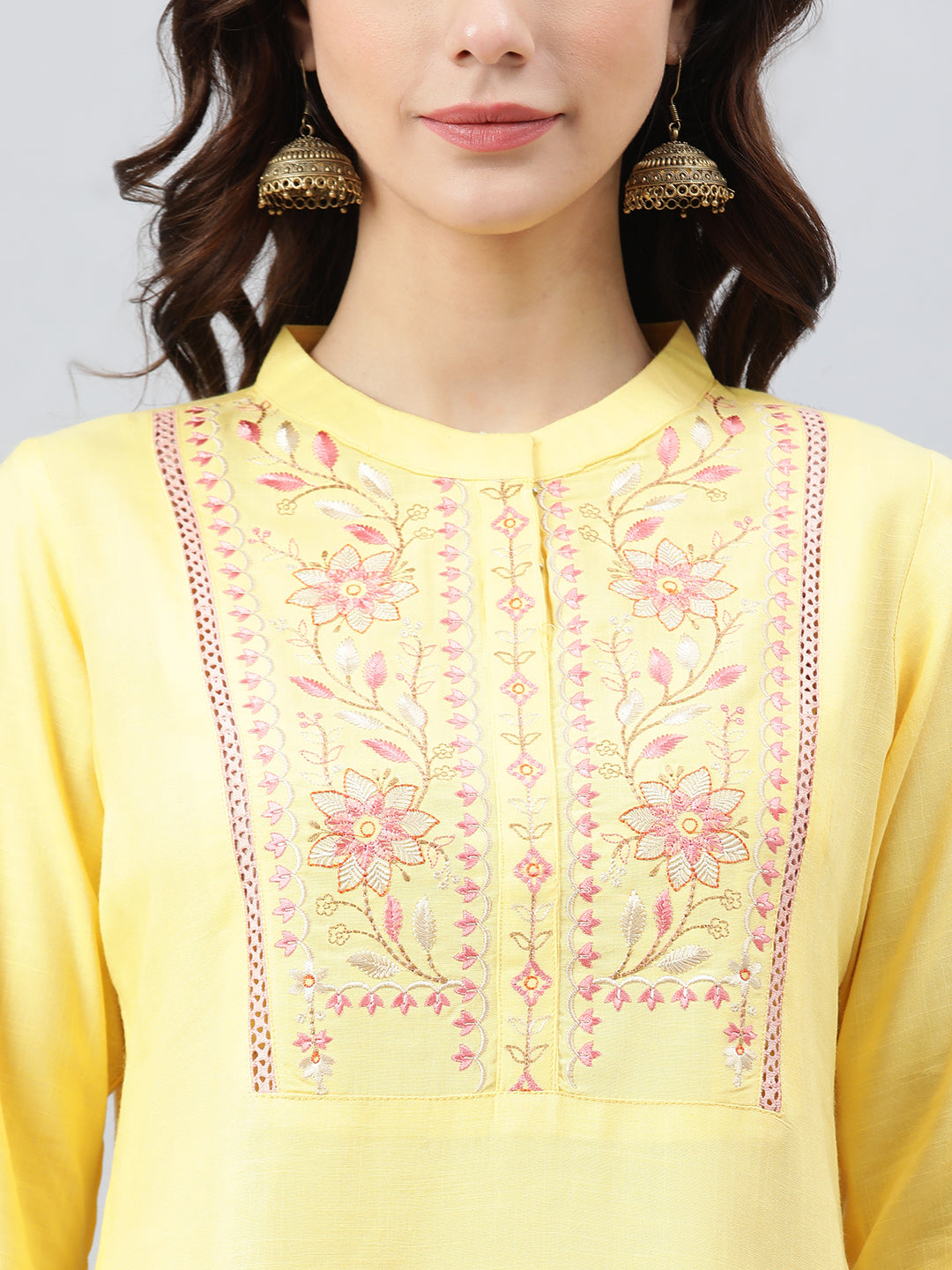 Janasya Women's Yellow Rayon Slub Embroidered A-Line Top | Swadesiicart