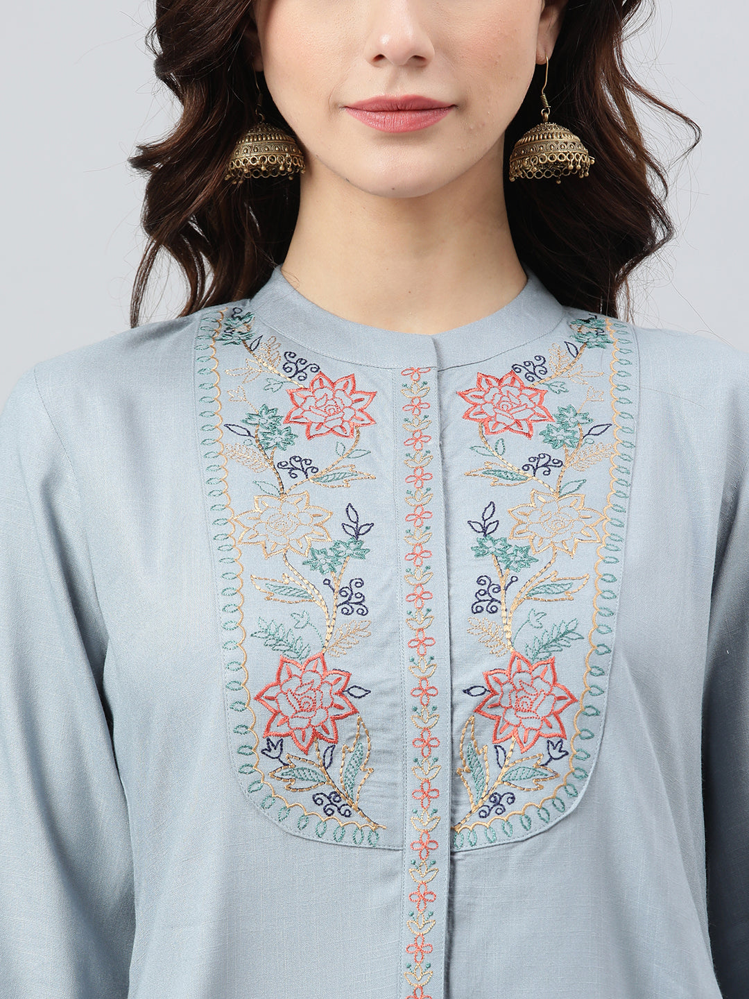 Janasya Women's Blue Rayon Slub Embroidered A-Line Top | Swadesiicart
