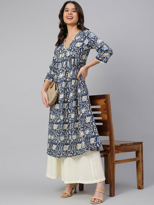 Janasya Navy Blue Cotton Floral Print Flared kurta - Swadesiicart