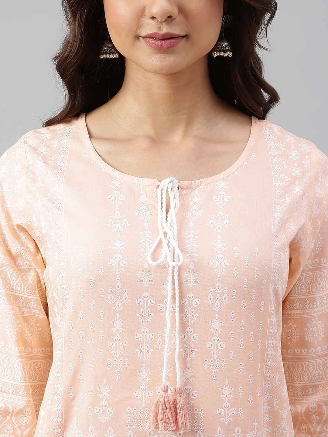 Janasya Women's Peach Cotton Ethnic Motifs Straight Tunic | Swadesiicart