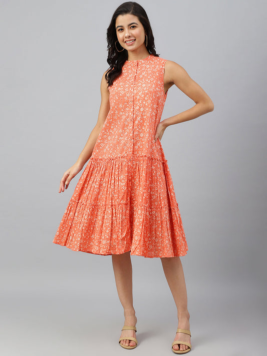 Janasya Women's Peach Cotton Floral Printed Flared Western Dress | Swadesiicart