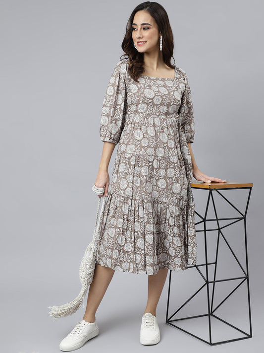 Janasya Women's Grey Cotton Floral Printed Flared Western Dress | Swadesiicart