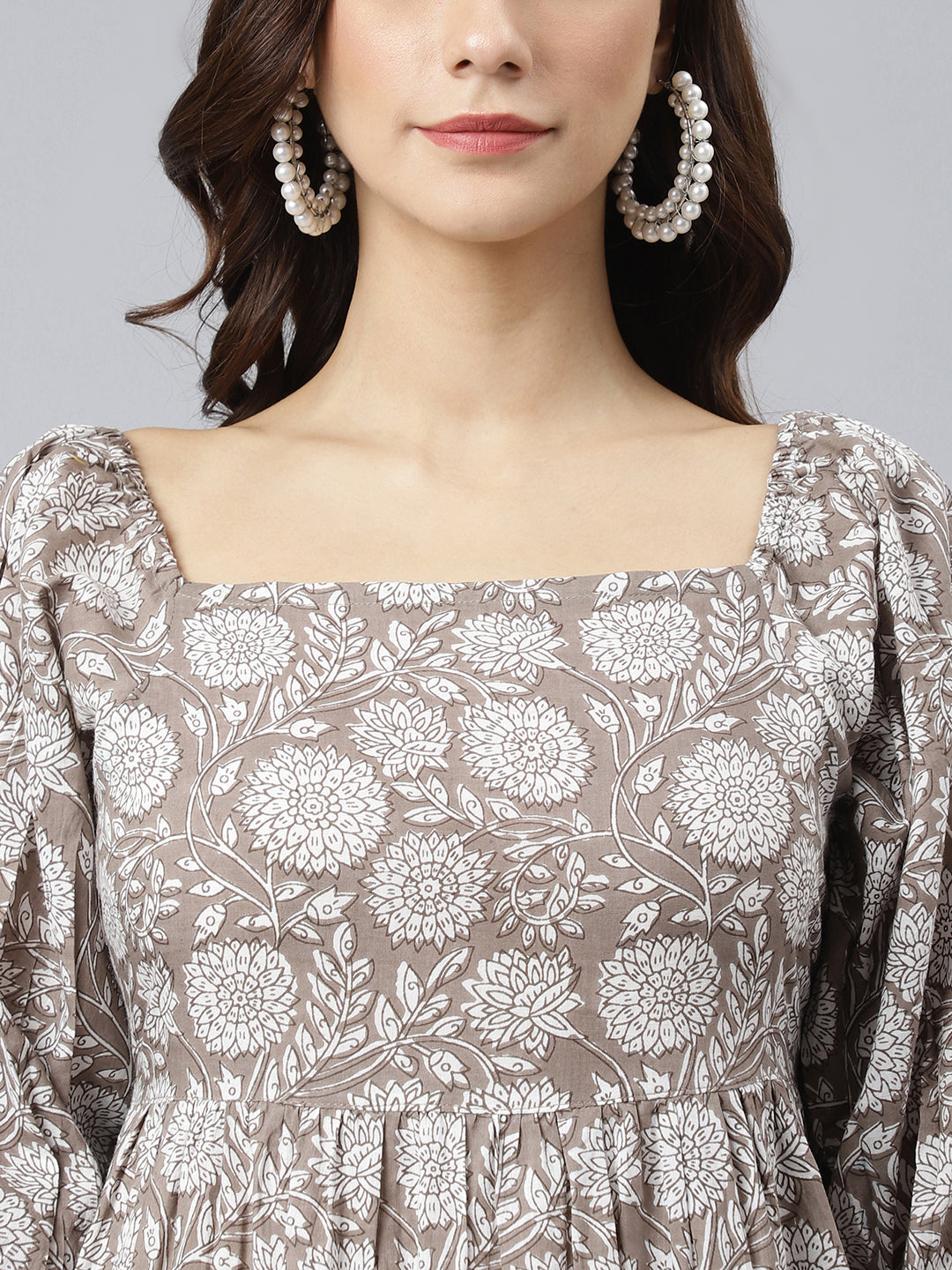 Janasya Women's Grey Cotton Floral Printed Flared Western Dress | Swadesiicart