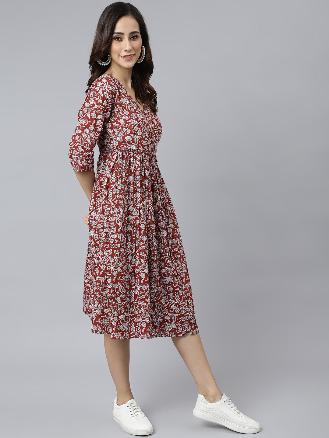 Janasya Women's Maroon Cotton Floral Printed Angrakha Western Dress | Swadesiicart