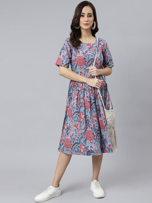 Janasya Women's Sky Blue Cotton Floral Printed Flared Western Dress | Swadesiicart