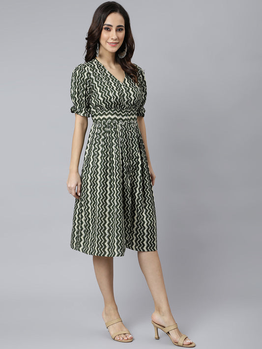 Janasya Women's Olive Cotton Chevron Printed A-line Western Dress | Swadesiicart