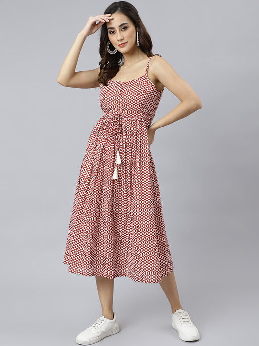 Janasya Women's Red Cotton Shapes Print Flared Western Dress | Swadesiicart