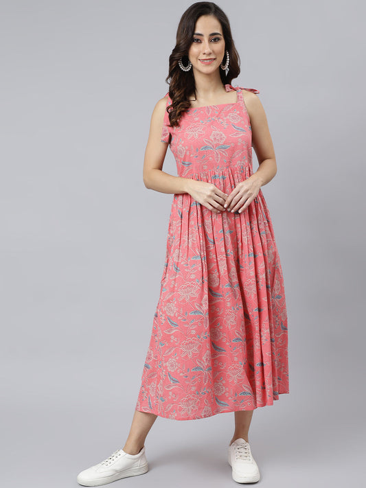 Janasya Women's Pink Cotton Floral Printed Flared Western Dress | Swadesiicart