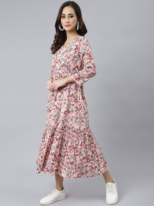 Janasya Women's Peach Cotton Floral Printed Casual Flared kurta - Swadesiicart