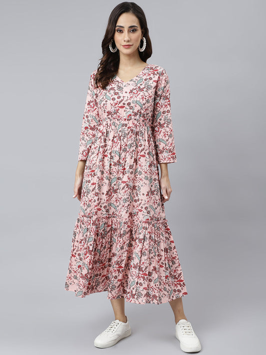 Janasya Women's Peach Cotton Floral Printed Casual Flared kurta - Swadesiicart
