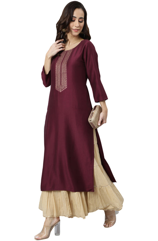 Janasya Wine Poly Silk Solid Straight kurta - Swadesiicart