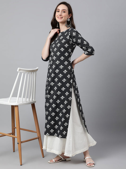 Janasya Women's Black Cotton Floral Printed Casual Straight Kurta | Swadesiicart