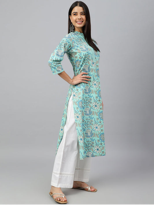 Janasya Women's Mint Green Cotton Floral Printed Casual Straight Kurta | Swadesiicart