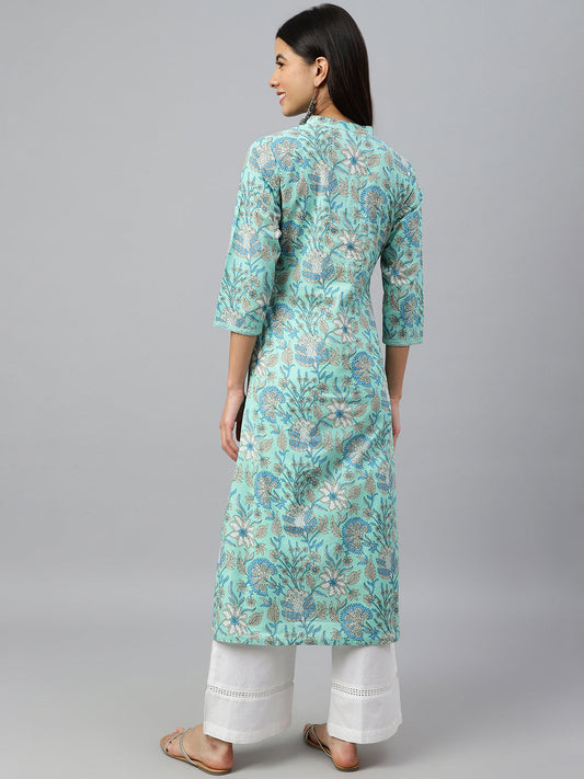 Janasya Women's Mint Green Cotton Floral Printed Casual Straight Kurta | Swadesiicart