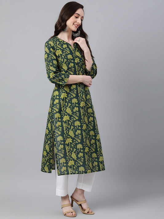 Indian Clothing Janasya Women's Dark Green Cotton Floral Printed Casual Straight Kurta | Swadesiicart