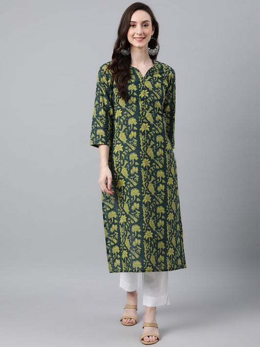 Indian Clothing Janasya Women's Dark Green Cotton Floral Printed Casual Straight Kurta | Swadesiicart