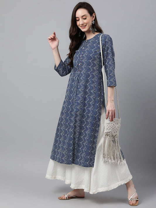 Janasya Women's Indigo Cotton Zig Zag Printed Casual Straight Kurta | Swadesiicart