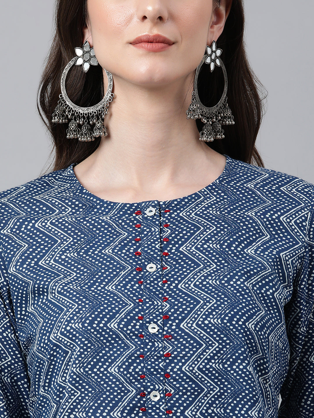Janasya Women's Indigo Cotton Zig Zag Printed Casual Straight Kurta | Swadesiicart