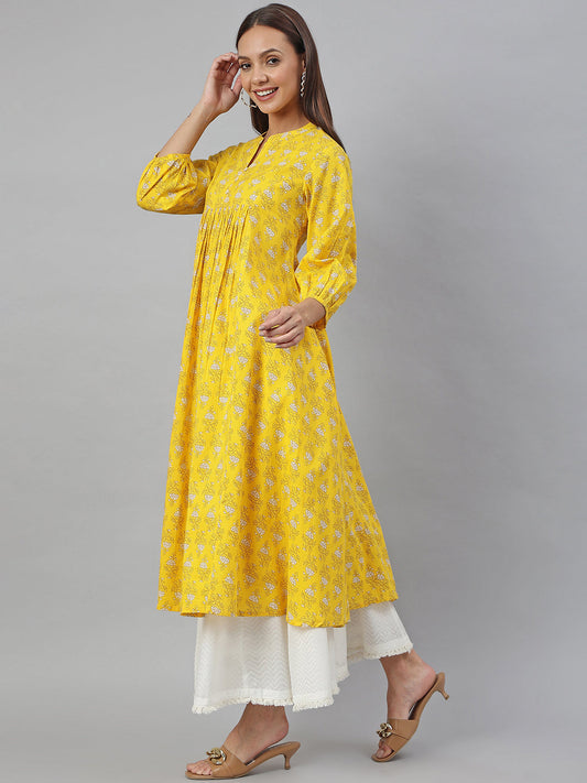 Janasya Women's Mustard Cotton Botanical Printed Casual Flared Kurta | Swadesiicart