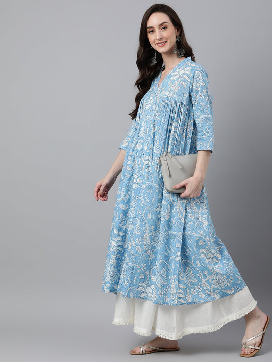 Janasya Women's Sky Blue Cotton Floral Printed Casual Flared Kurta - Swadesiicart