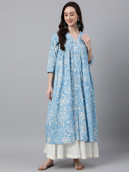 Janasya Women's Sky Blue Cotton Floral Printed Casual Flared Kurta - Swadesiicart