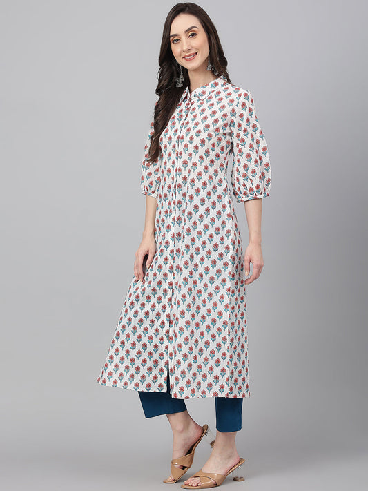 Janasya Women's White Cotton Floral Printed Casual Straight Kurta | Swadesiicart