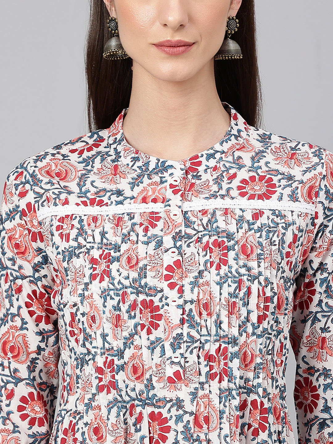 Janasya Women's White Cotton Floral Printed Casual Flared Kurta | Swadesiicart