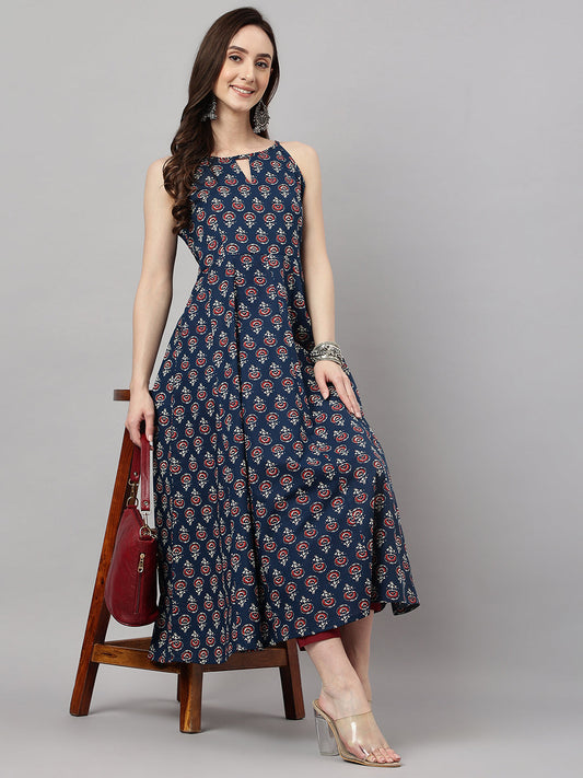 Janasya Women's Navy Blue Cotton Botanical Printed Casual Anarkali Kurta | Swadesiicart