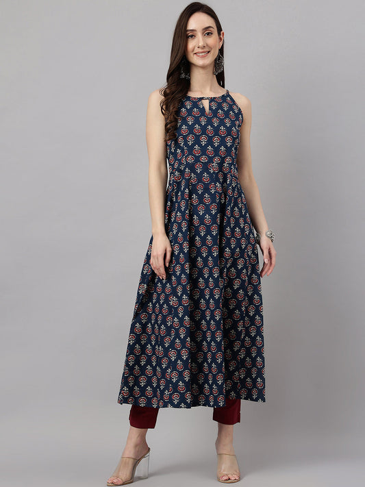 Janasya Women's Navy Blue Cotton Botanical Printed Casual Anarkali Kurta | Swadesiicart