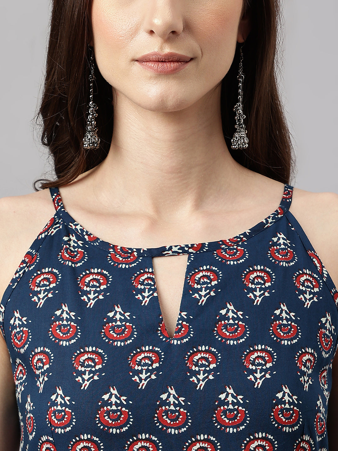 Janasya Women's Navy Blue Cotton Botanical Printed Casual Anarkali Kurta | Swadesiicart