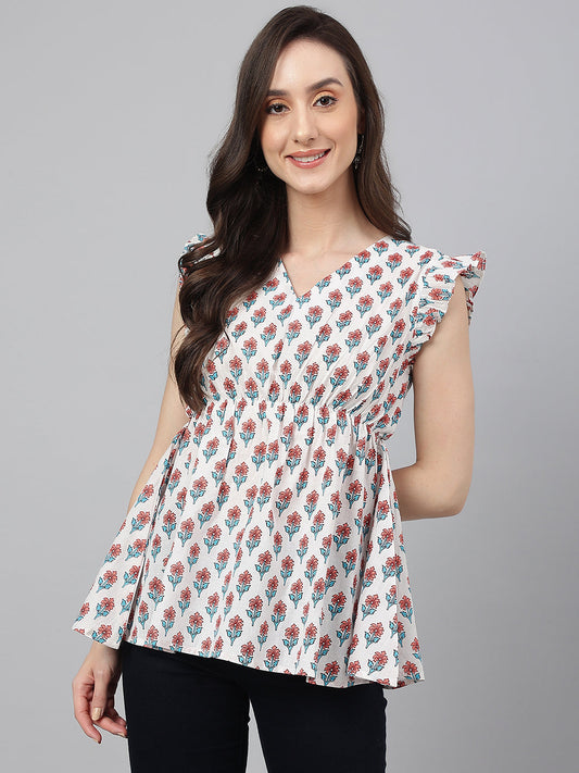 Janasya Women's White Cotton Floral Print Flared Top | Swadesiicart