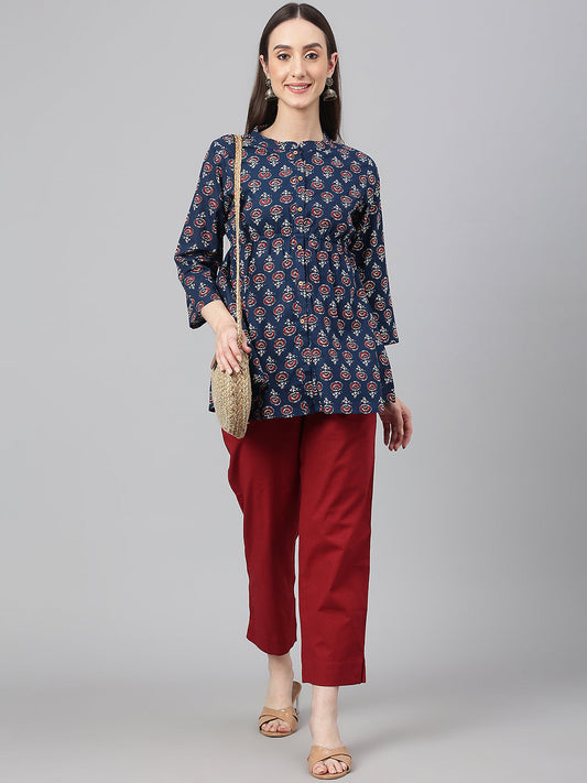 Janasya Women's Navy Blue Cotton Floral Print Peplum Top | Swadesiicart