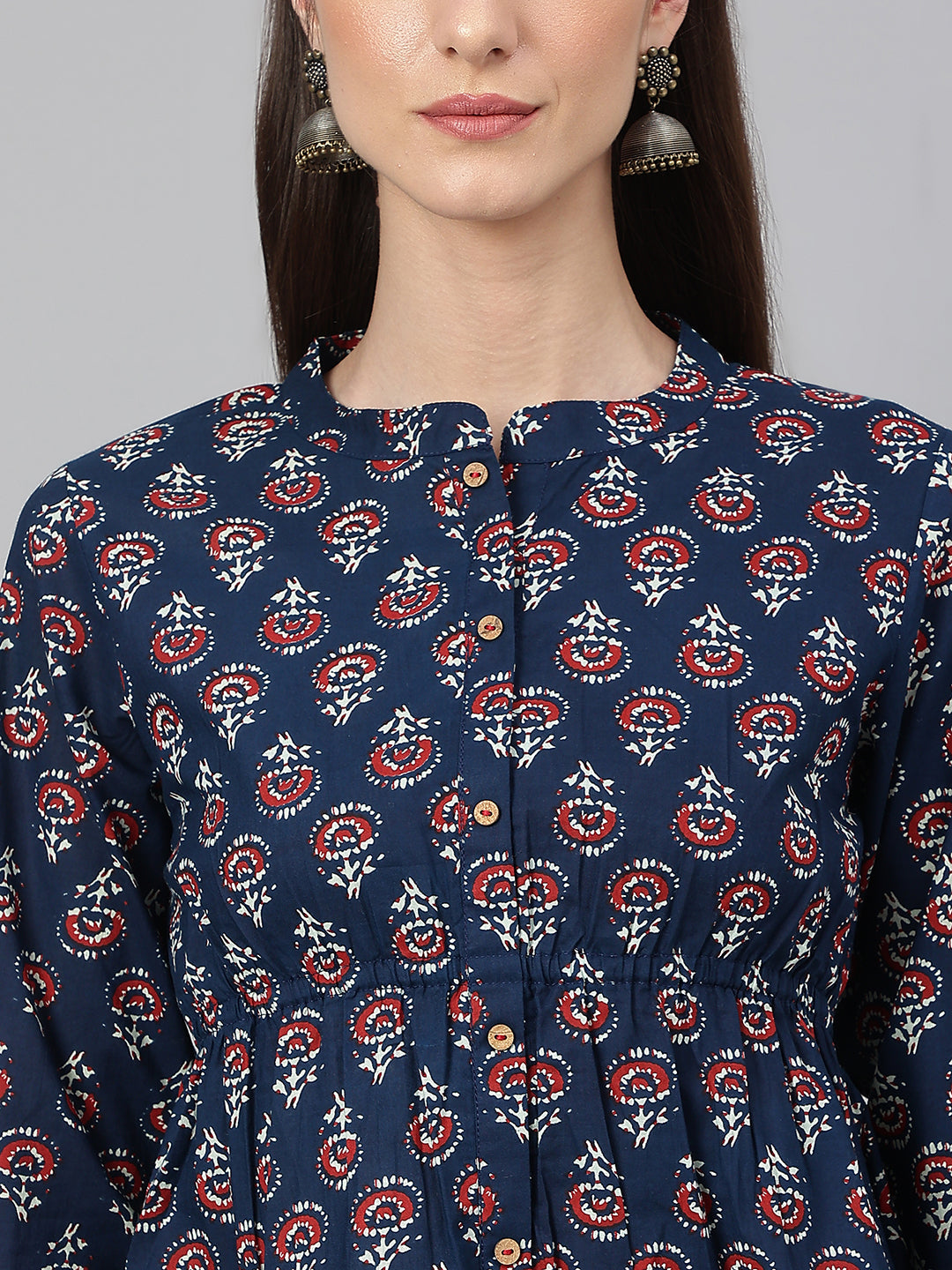 Janasya Women's Navy Blue Cotton Floral Print Peplum Top | Swadesiicart