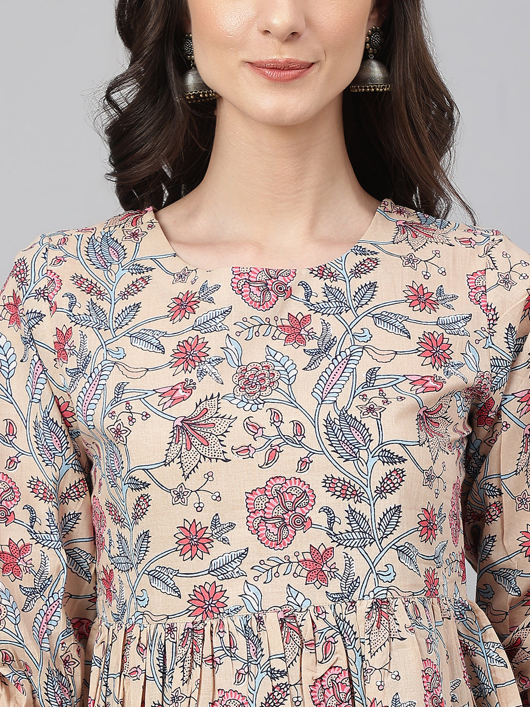 Janasya Women's Beige Cotton Floral Print Peplum Top | Swadesiicart