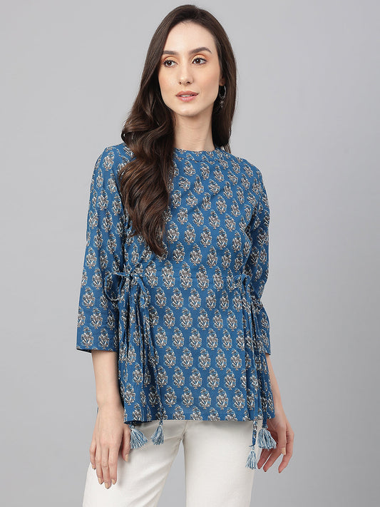 Janasya Women's Teal Cotton Floral Print Flared Top | Swadesiicart