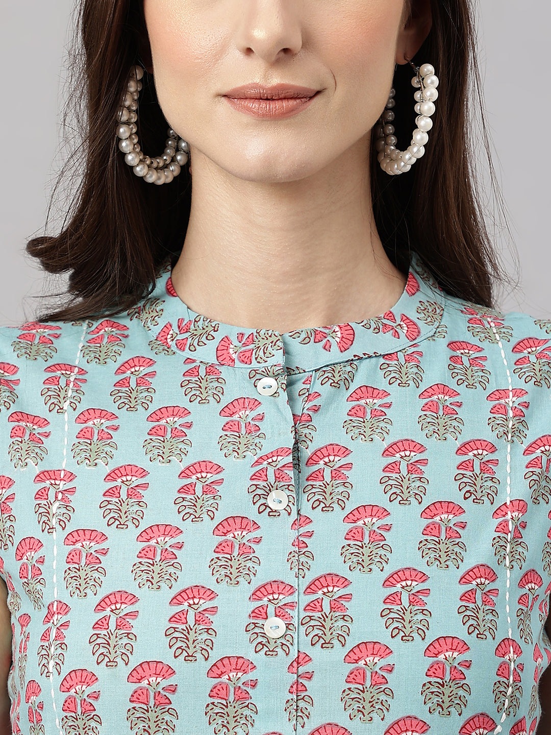 Janasya Women's Aqua Blue Cotton Botanical Printed Casual Straight Kurta | Swadesiicart