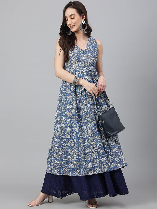 Janasya Women's Blue Cotton Floral Printed Casual Flared Kurta - Swadesiicart
