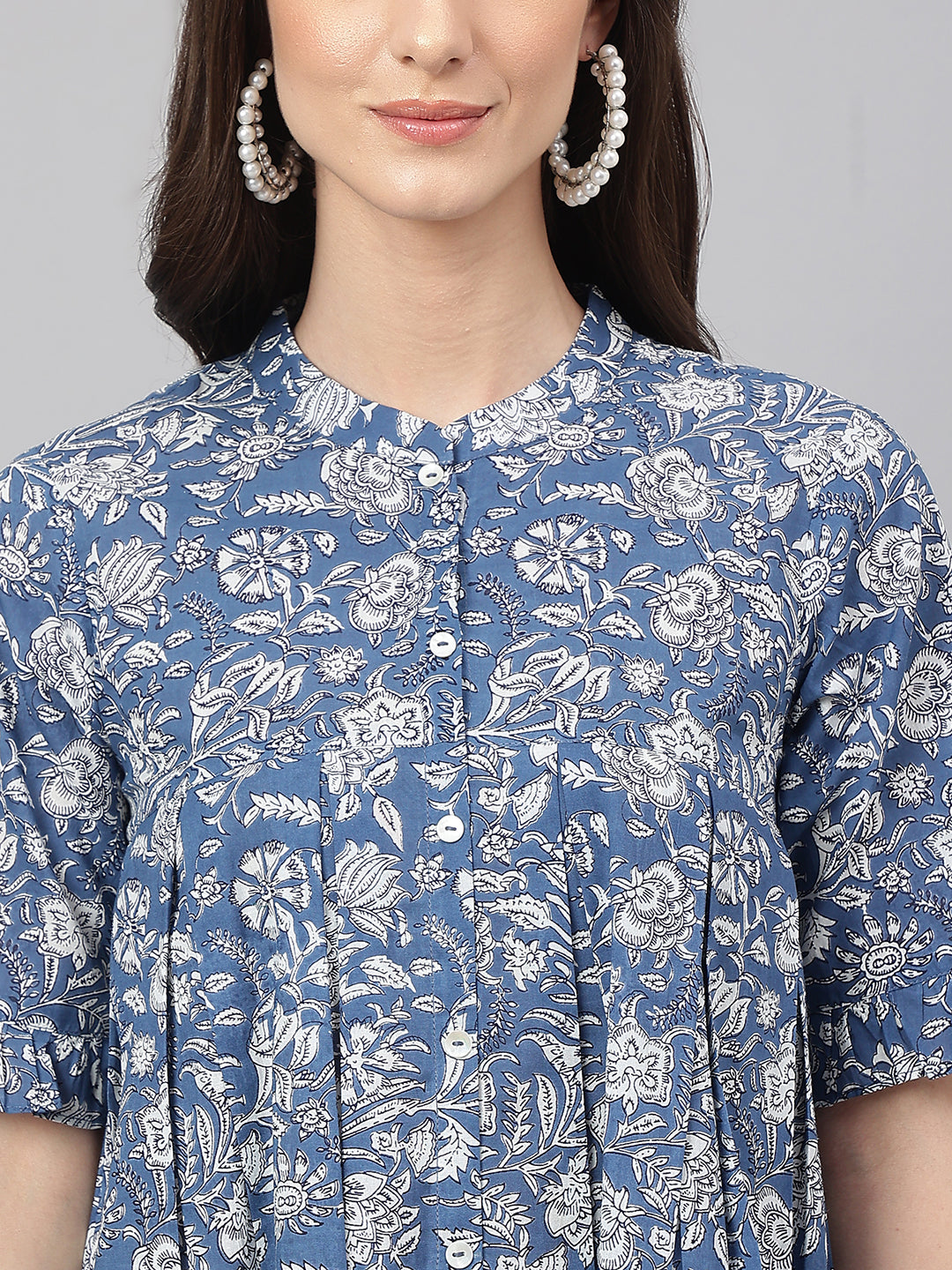 Janasya Women's Blue Cotton Floral Print Flared Top | Swadesiicart