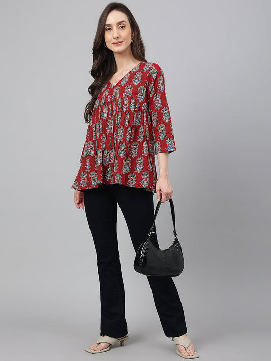 Janasya Women's Maroon Cotton Floral Block Print Flared Top | Swadesiicart
