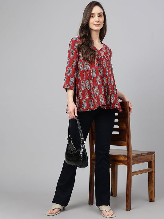 Janasya Women's Maroon Cotton Floral Block Print Flared Top | Swadesiicart