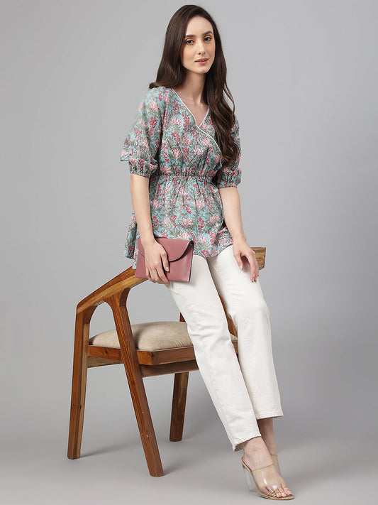Janasya Women's Aqua Blue Cotton Floral Print Peplum Top | Swadesiicart