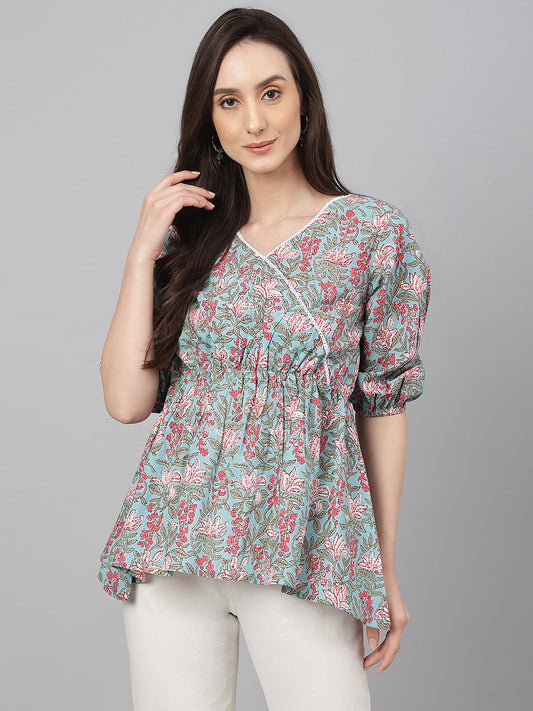 Janasya Women's Aqua Blue Cotton Floral Print Peplum Top | Swadesiicart