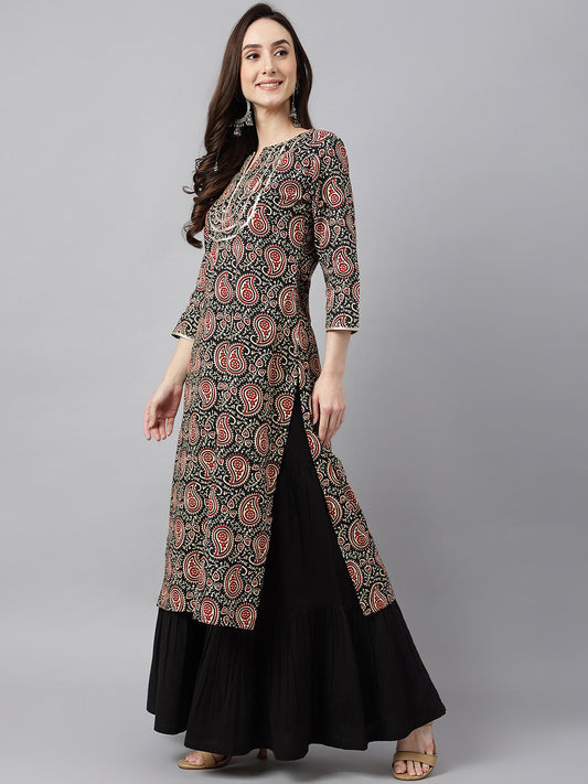 Janasya Women's Black Cotton Paisley Printed Casual Straight Kurta | Swadesiicart