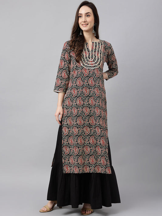 Janasya Women's Black Cotton Paisley Printed Casual Straight Kurta | Swadesiicart