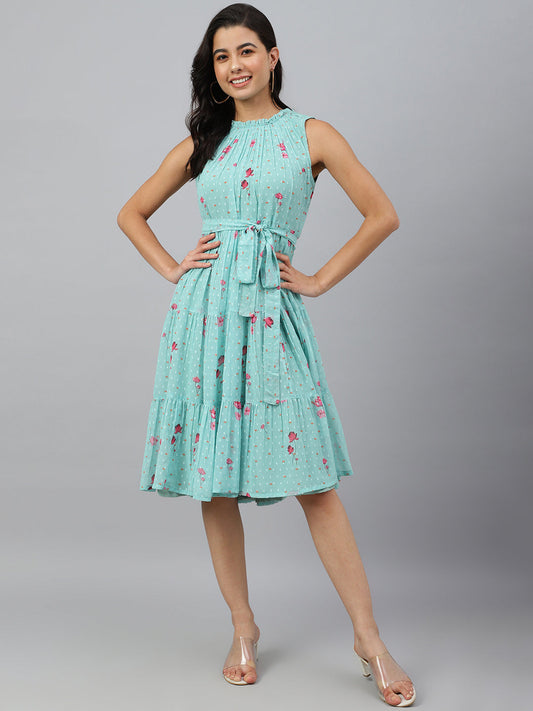 Janasya Women's Sea Green Dobby Georgette Floral Printed Tiered Western Dress | Swadesiicart