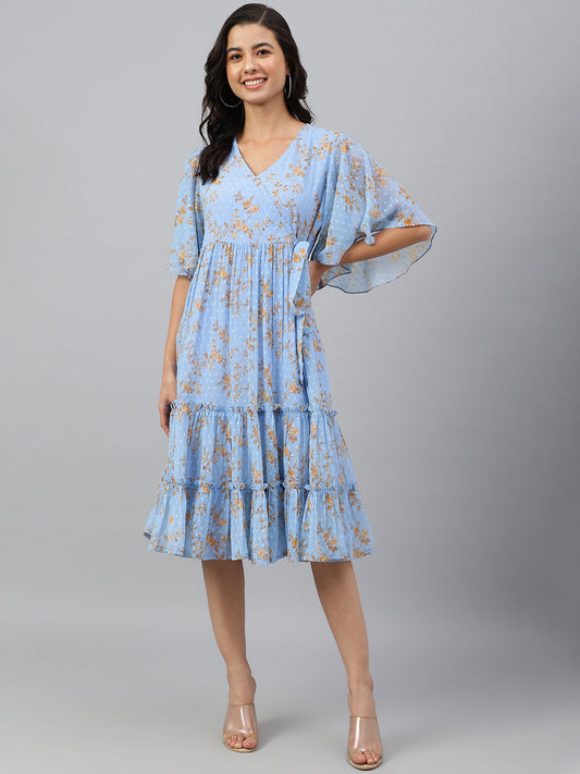 Janasya Women's Sky Blue Dobby Georgette Digital Print Flared Western Dress | Swadesiicart