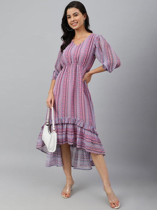 Janasya Women's Pink Dobby Georgette Digital Print High Low Western Dress | Swadesiicart