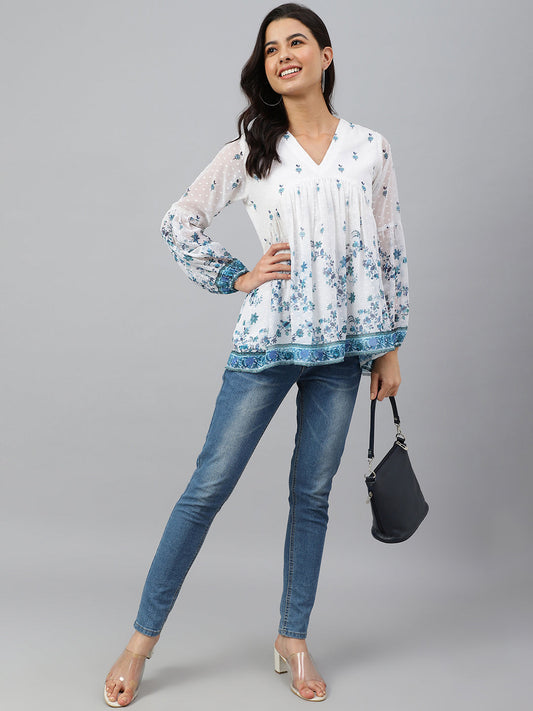 Janasya Women's White Georgette Digital Print Flared Top | Swadesiicart