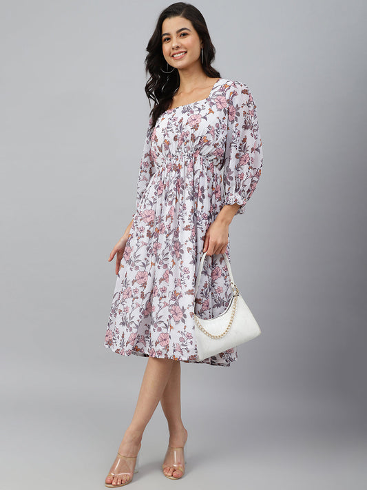 Janasya Women's White Georgette Floral Printed Flared Western Dress | Swadesiicart